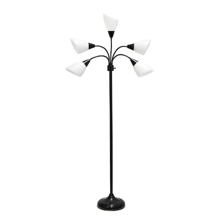 Simple Designs 5 Light Adjustable Gooseneck Black Floor Lamp with White Shades LF2006-BAW